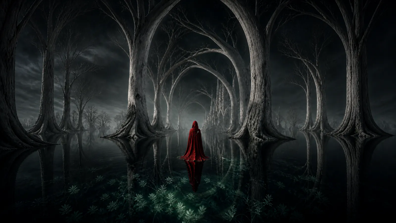 A lone figure in a blood-red cloak stands on mirror-black water beneath pale cathedral-like trees.