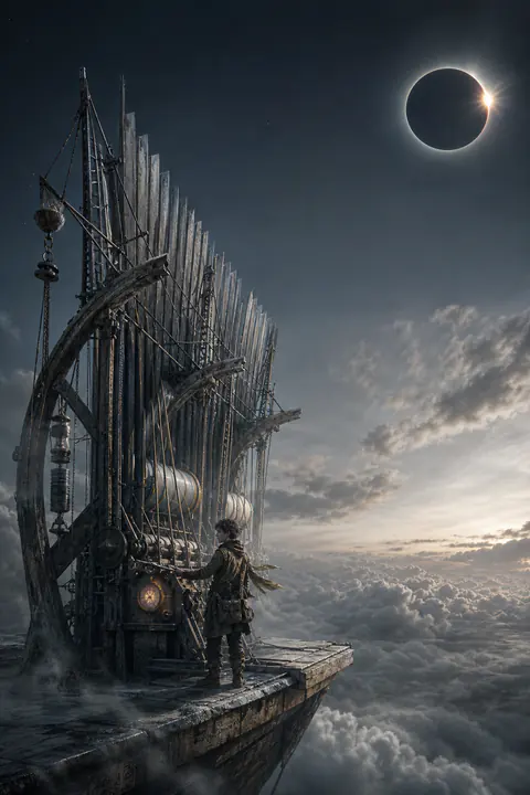 A courier tunes an analog listening instrument above the clouds beneath an eclipse.